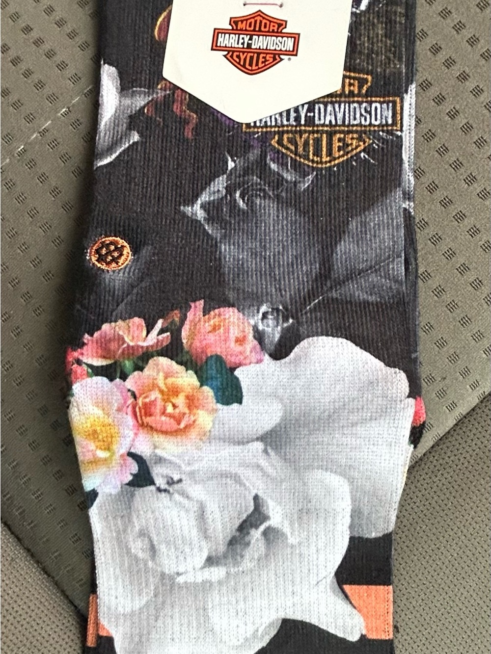 Harley-Davidson Black Floral Logo Crew Socks with Pink, White & Green Accents